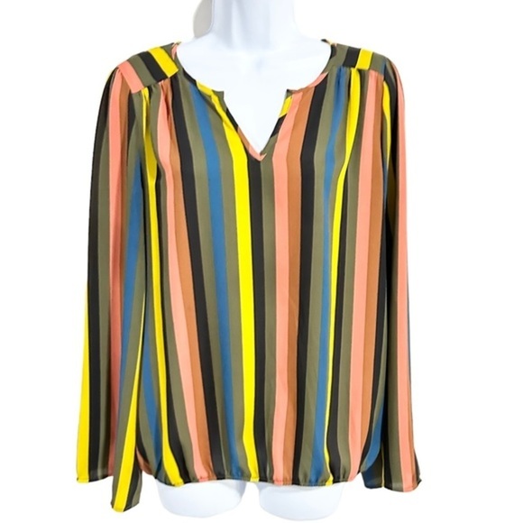 Allison Joy Multicolor Striped Long Sleeve Split V-Neck Blouse Top Size M - Picture 10 of 10